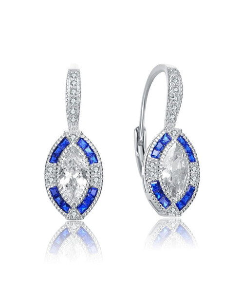 Sterling Silver with White Gold Plated and Sapphire Cubic Zirconia Leverback Earrings