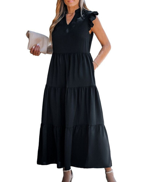 Women's Black Flutter Sleeve Paneled Skirt Midi Beach Dress