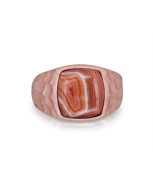 Red Lace Agate Gemstone Hammered Texture Rose Gold Plated SIlver Signet Ring