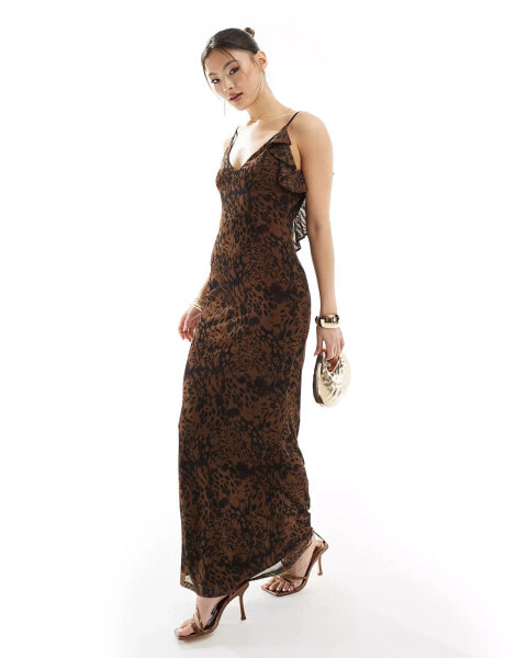 ASOS DESIGN mesh cami maxi dress with ruffle back detail in brown rodeo print