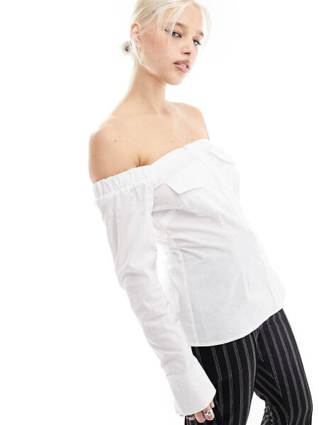 ASOS DESIGN off shoulder pocket shirt in white