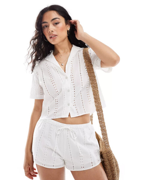 Pull&Bear broderie short sleeved cropped shirt co-ord in white