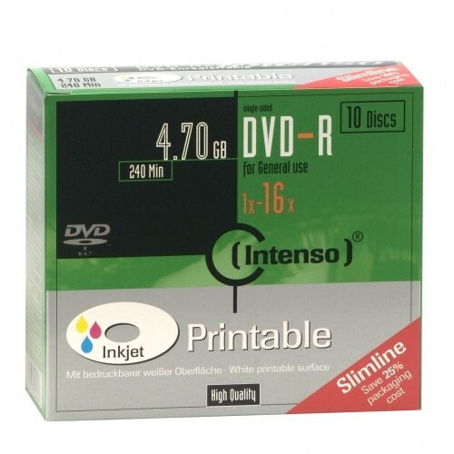 Intenso DVD-R 4.7GB, Printable, 16x, DVD-R, 120 mm, Printable, Slimcase, 10 pc(s), 4.7 GB