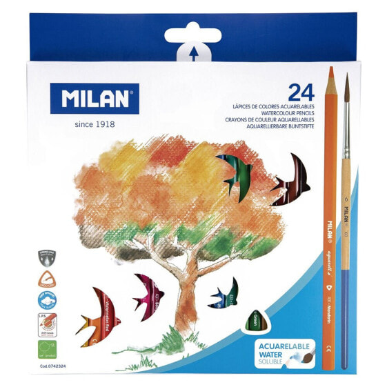 MILAN Box 24 Water Soluble Colour Pencils With Paintbrush