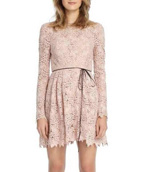 ML MONIQUE LHUILLIER 153172 Women's Lace Minidress Long Sleeve Blush Dress Sz. 8