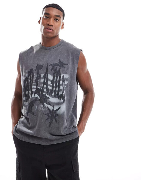 ASOS DESIGN oversized tank in heavyweight 220gsm washed black with grunge front print