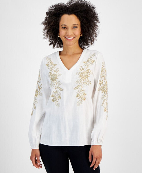 Women's Metallic Embroidered V-Neck Top, Created for Macy's