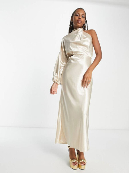 In The Style x Terrie Mcevoy satin one volume shoulder cut out maxi dress in champagne 