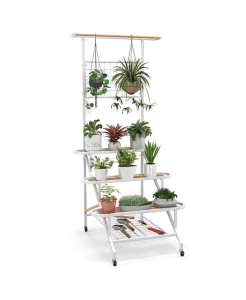 4-Tier Hanging Plant Stand Ladder Plant Shelf with Hanging Bar & Trellis