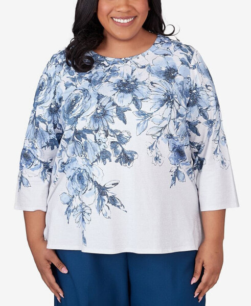 Plus Size Classic Floral Shimmer Three Quarter Sleeve Top