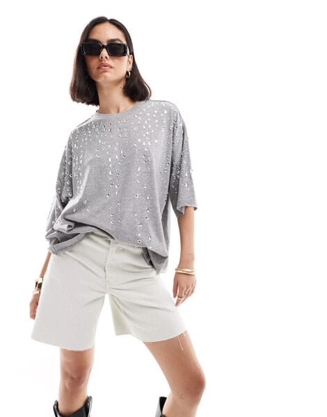 ASOS DESIGN crystal embellished oversized t-shirt in grey