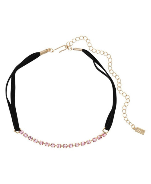 Pink Crystal Black Faux Suede Choker Necklace