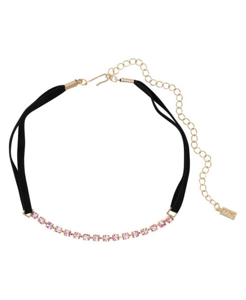 2028 pink Crystal Black Faux Suede Choker Necklace