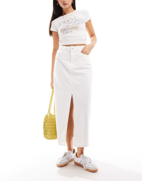 Pimkie split detail distressed denim maxi skirt in white