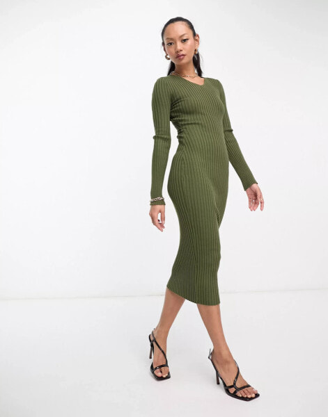 In The Style ribbed midi v neck dress in khaki