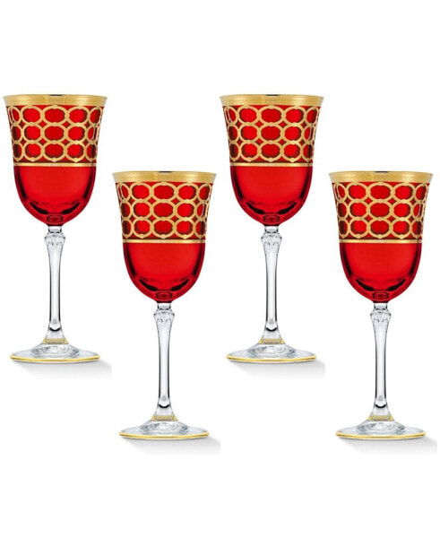 Deep Red Colored White Wine Goblet with Gold-Tone Rings, Set of 4