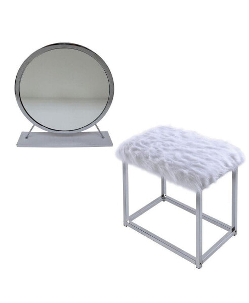 Adao Vanity Mirror & Stool, Faux Fur, Mirror