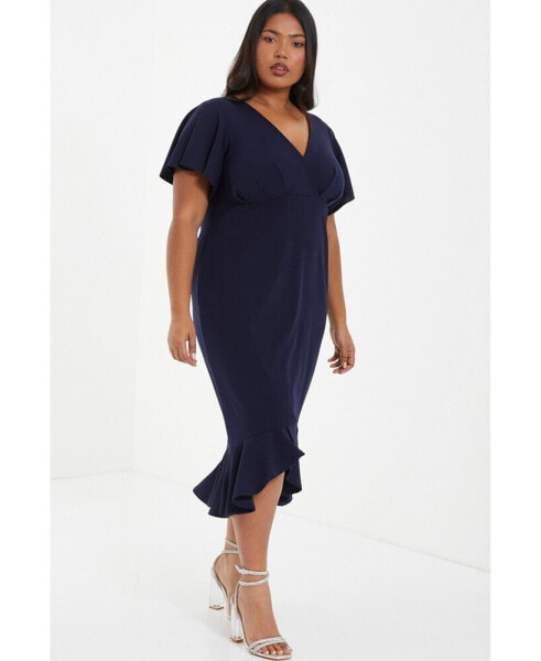 Plus Size V-Neck Frill Hem Midi Dress