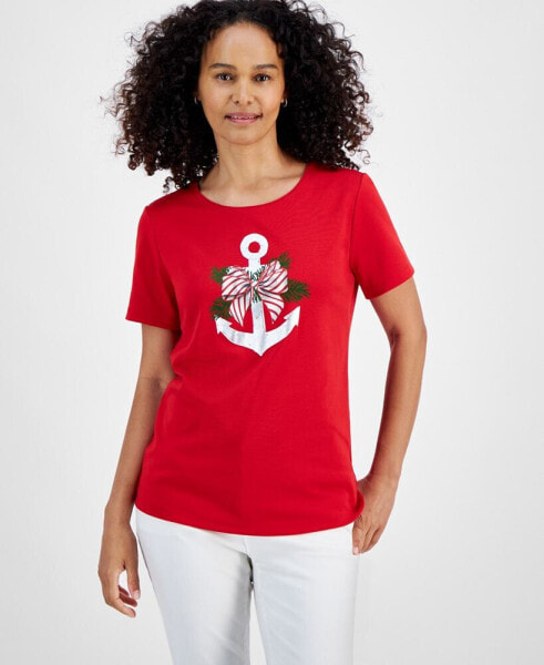 Women's Holiday Lane Anchor Crewneck Tee, Created for Macy's