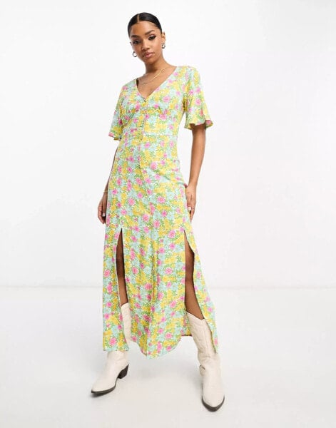 Miss Selfridge angel sleeve button through maxi dress in bright cluster floral