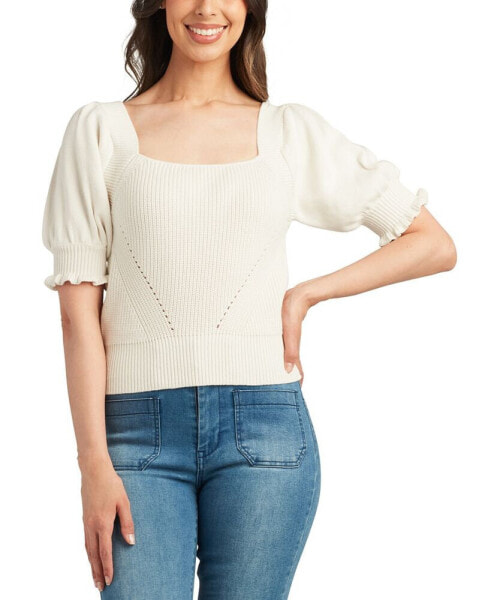 Junior's Rib-Knit Square-Neck Puff-Sleeve Sweater