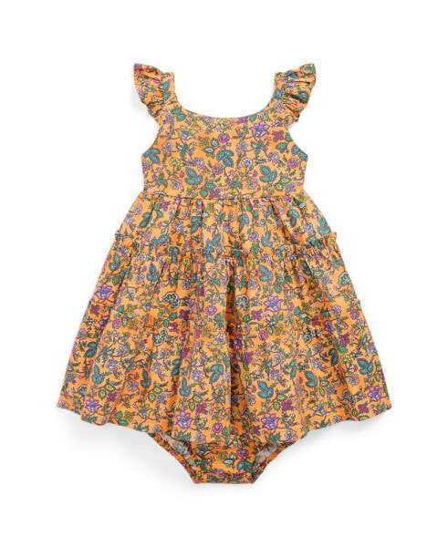 Baby Girls Floral Ruffled Cotton Dress and Bloomer Set