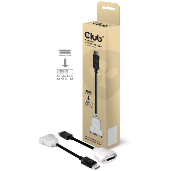 Club 3D DisplayPort to DVI-D Single Link Adapter Cable, 0.13 m, DisplayPort, DVI-D, Male, Female, 1920 x 1200 pixels