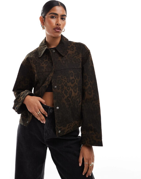 ASOS DESIGN boxy jacket with contrast stitch in leopard print