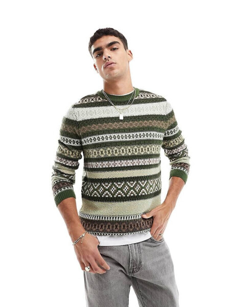 ASOS DESIGN knitted jumper with green fairisle print