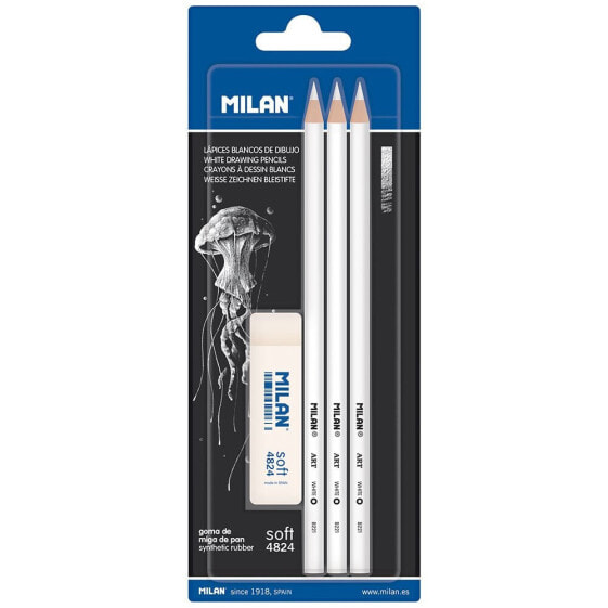 MILAN Blister 3 White Drawing Pencils+Eraser