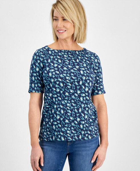 Petite Printed Boat Neck Elbow-Sleeve Top, Created for Macy's