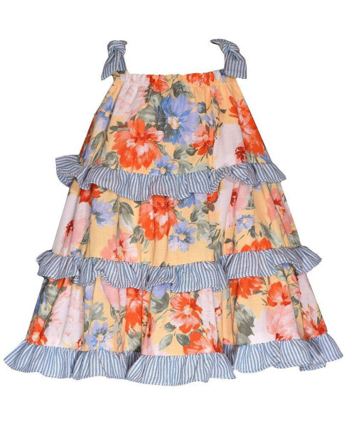 Baby Girls Mixed Print Bow Shoulder Dress with Ruffled Tiers