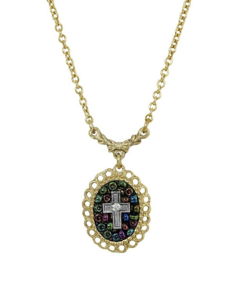 14K Gold Dipped Carded Oval Multi Color Beaded Crystal Cross Necklace