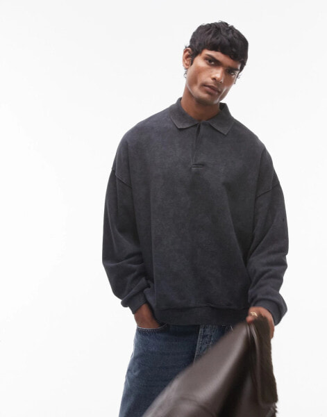 Topman oversized fit sweat polo in washed black