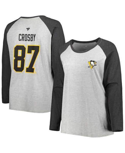 Women's Sidney Crosby Heather Gray, Heather Charcoal Pittsburgh Penguins Plus Size Name and Number Raglan Long Sleeve T-shirt