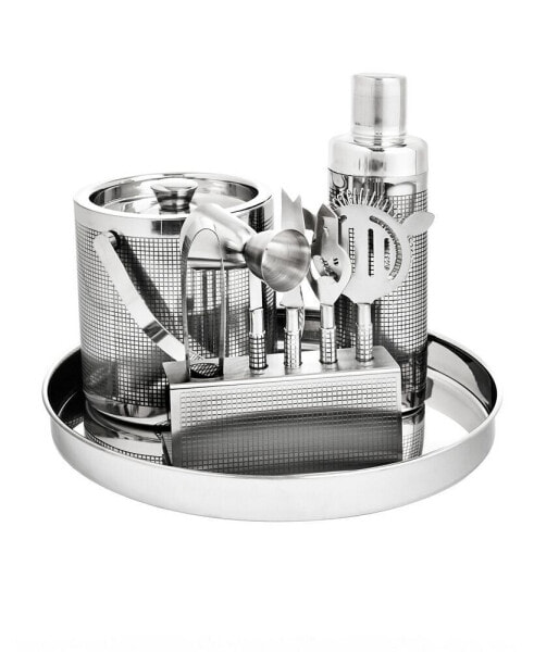 Signature Collection by Etched 9 Piece Stainless Barware Set Crafted From High Quality Stainless Steel with a Unique Etched Cross Hatching Design