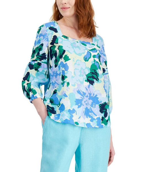 Women's 100% Linen Printed Square-Neck Top, Created for Macy's