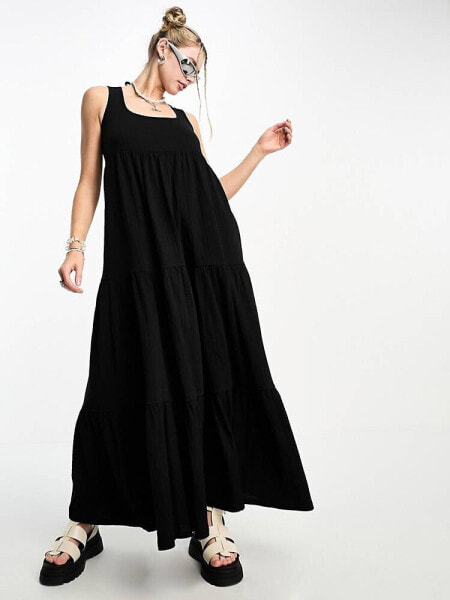 COLLUSION square neck tiered maxi dress in black