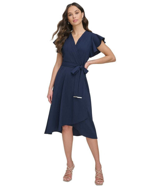Women's Flutter-Sleeve Tie-Waist Faux-Wrap Dress