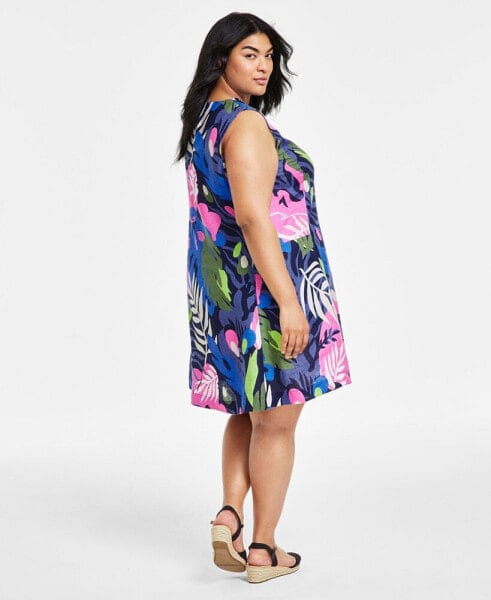 Plus Size 100% Linen Printed Split-Neck Dress, Created for Macy's