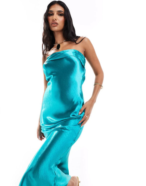 In The Style exclusive liquid satin bandeau cut out back maxi dress in turquoise