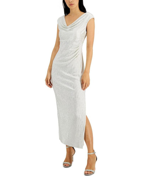 Petite Cowlneck Metallic Gown