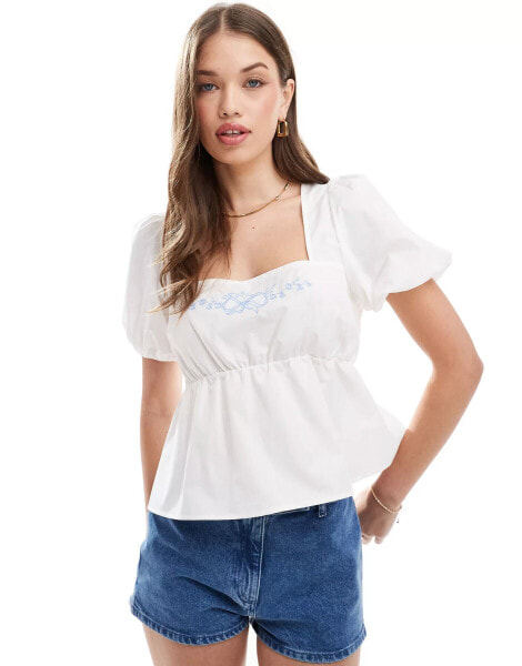 ASOS DESIGN poplin puff sleeve blouse with floral embroidery in white