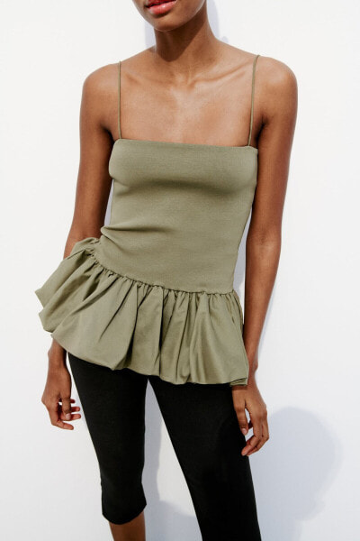 Contrast ribbed poplin puff top