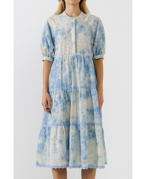 Women's Paisely Eyelet Midi Dress with Tie-dye Effect