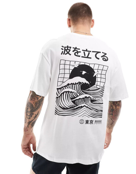 Jack & Jones oversized t-shirt with japanese wave backprint in white