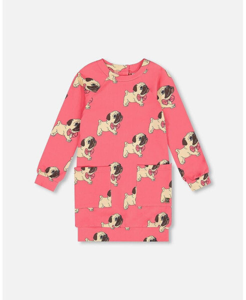 Toddler Girls Long Sleeve Fleece Dress With Pocket Magenta Printed Pug - Toddler|Child