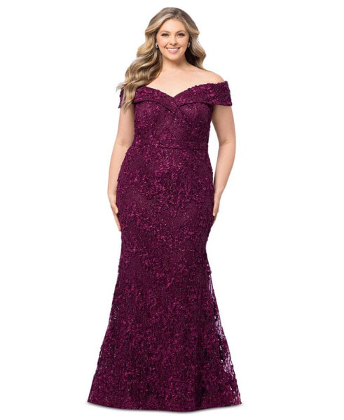 Plus Size Embellished Lace Off-The-Shoulder Gown