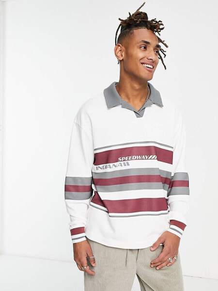 ASOS DESIGN oversized polo sweatshirt with colour block & print in white marl