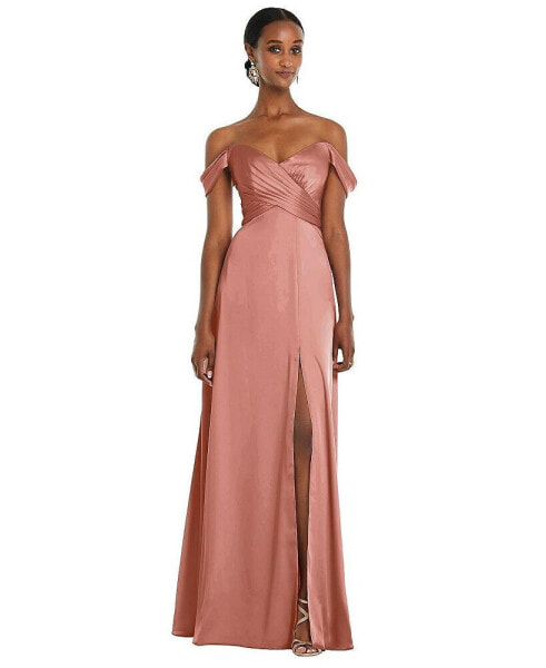 Womens Off-the-Shoulder Flounce Sleeve Empire Waist Gown with Front Slit